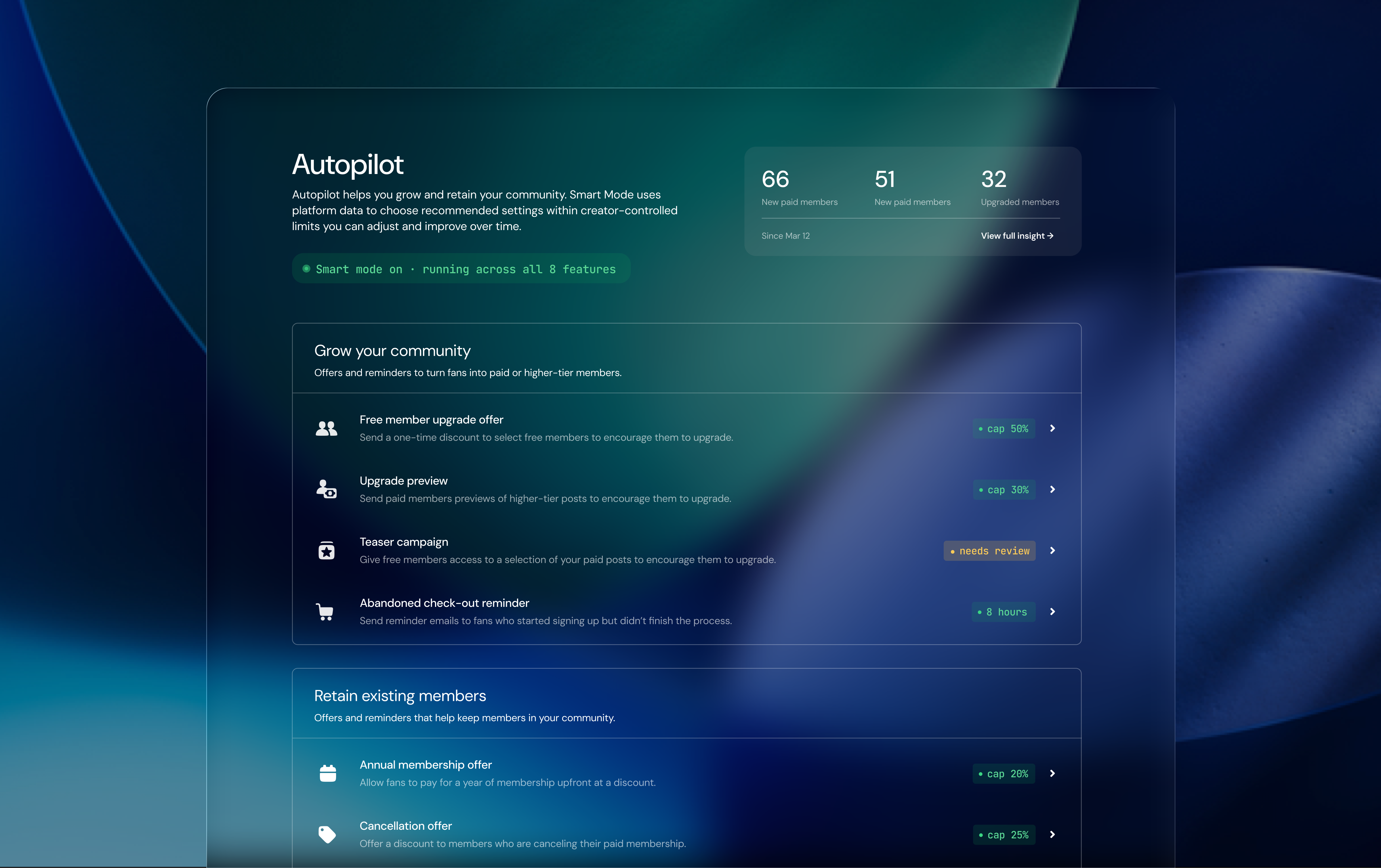 Autopilot Studio interface — Smart Mode running across grow and retain features